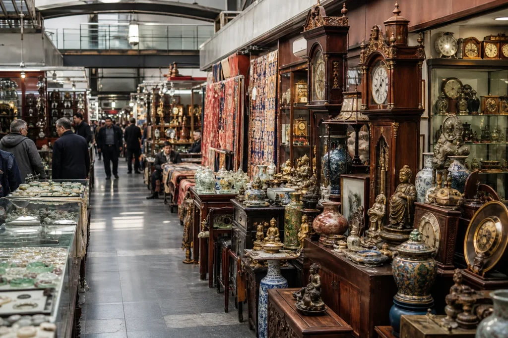 shoppers browsing antique and vintage market stalls at Beijing Curio City in China