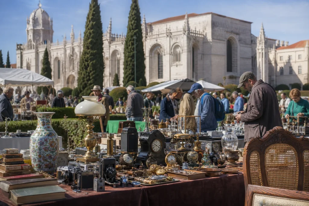 shoppers browsing antique and vintage market stalls at Belém Antiques And Crafts Market in Portugal