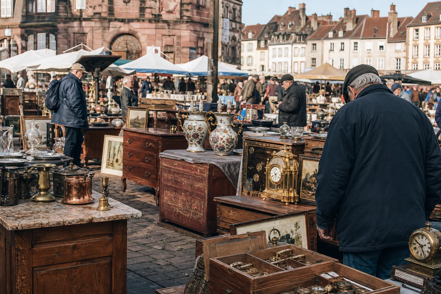 shoppers browsing antique and vintage market stalls at Belfort flea market in France
