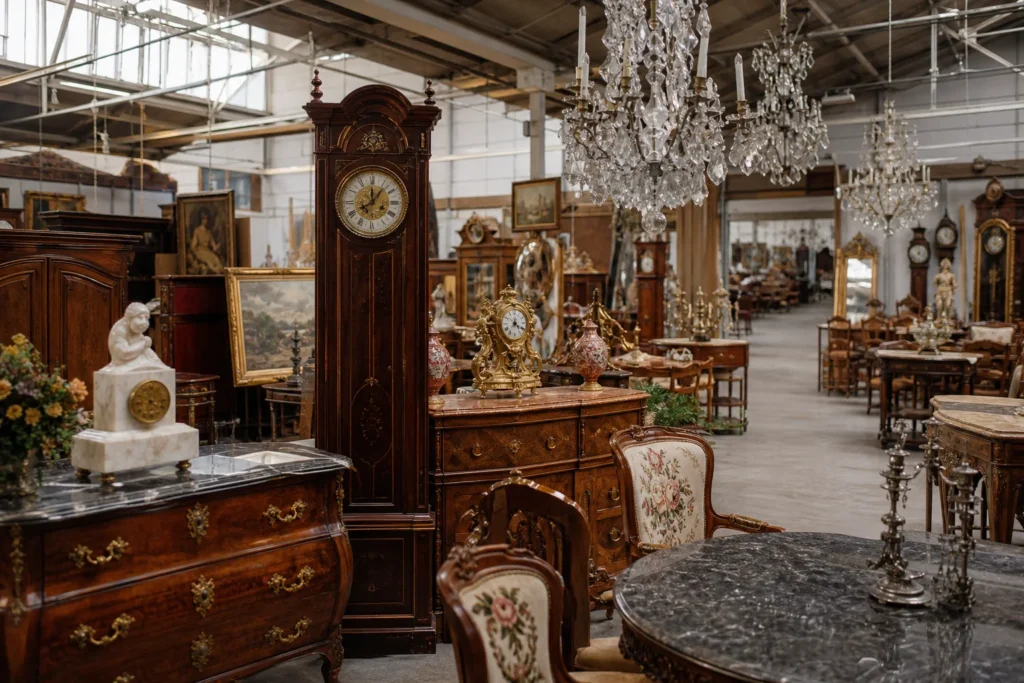 shoppers browsing antique and vintage market stalls at Belgium Antique Exporters