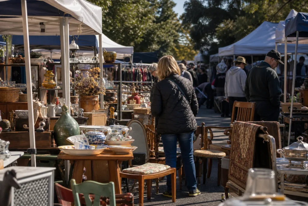 shoppers browsing antique and vintage market stalls at Bentleigh Sunday Market in Melbourne, Victoria