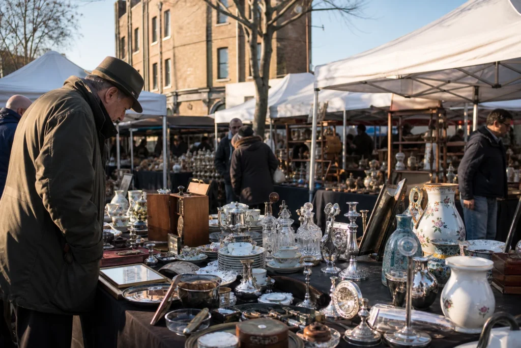 shoppers browsing antique and vintage market stalls at Bermondsey Market in London