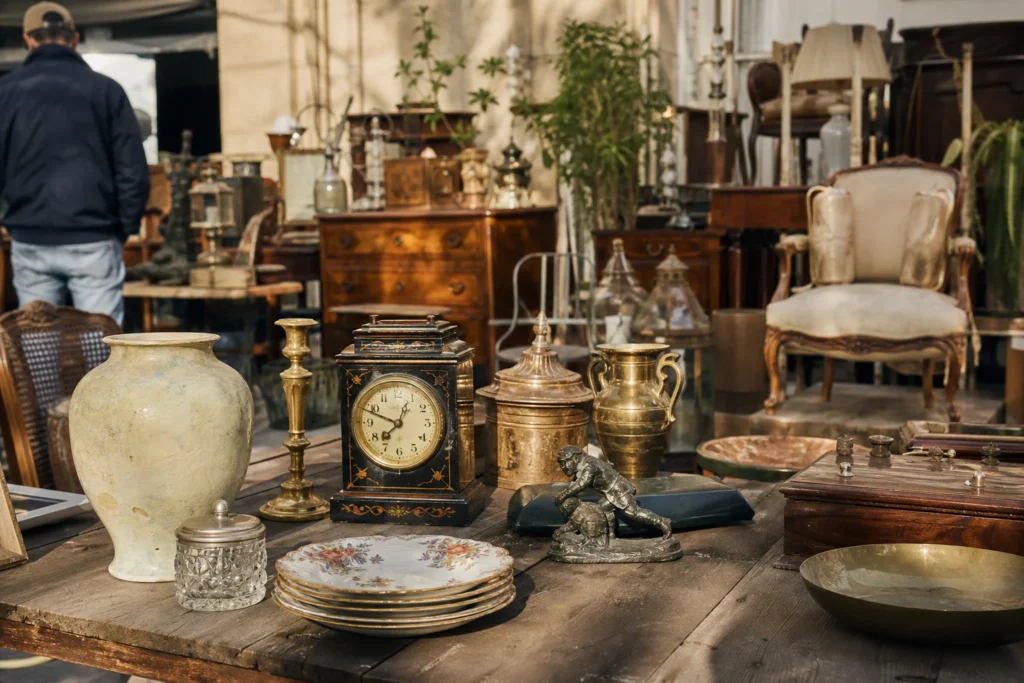 shoppers browsing antique and vintage market stalls at Bidsquare in Place Charles David, 30400 Villeneuve-lès-Avignon, France