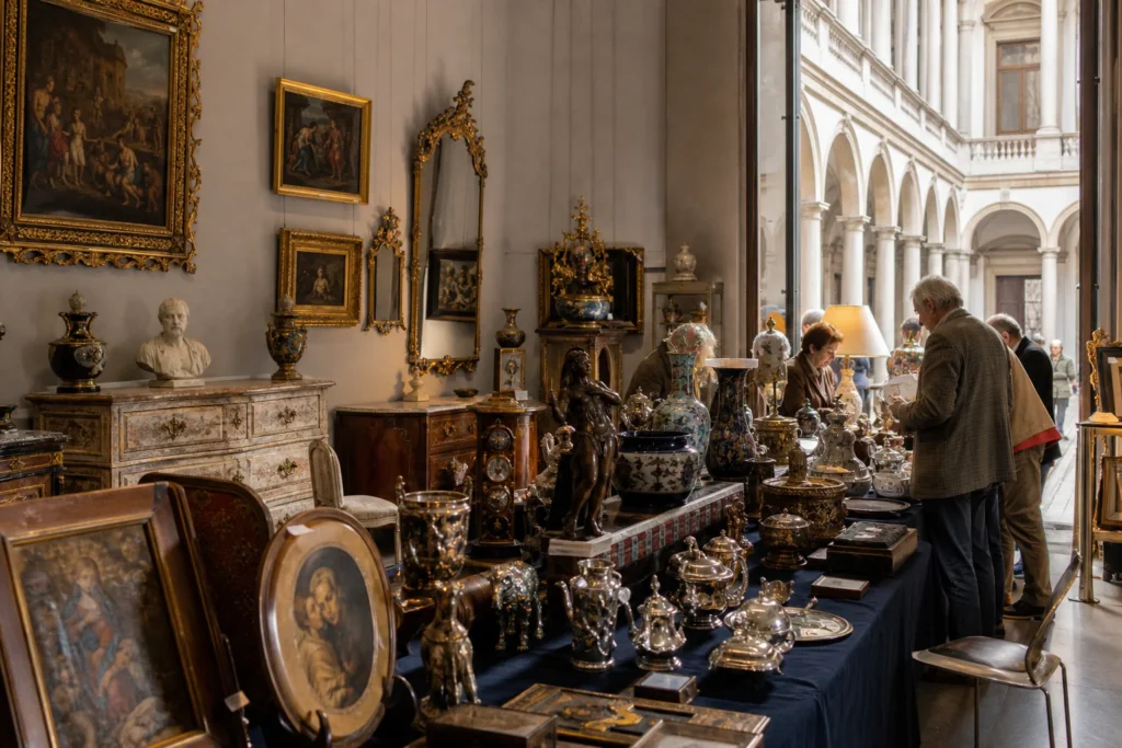 shoppers browsing antique and vintage market stalls at Biennale di Firenze in Florence, Italy