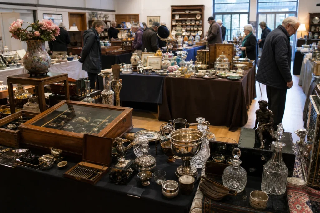shoppers browsing antique and vintage market stalls at Biggleswade Antique & Vintage Fair in United Kingdom