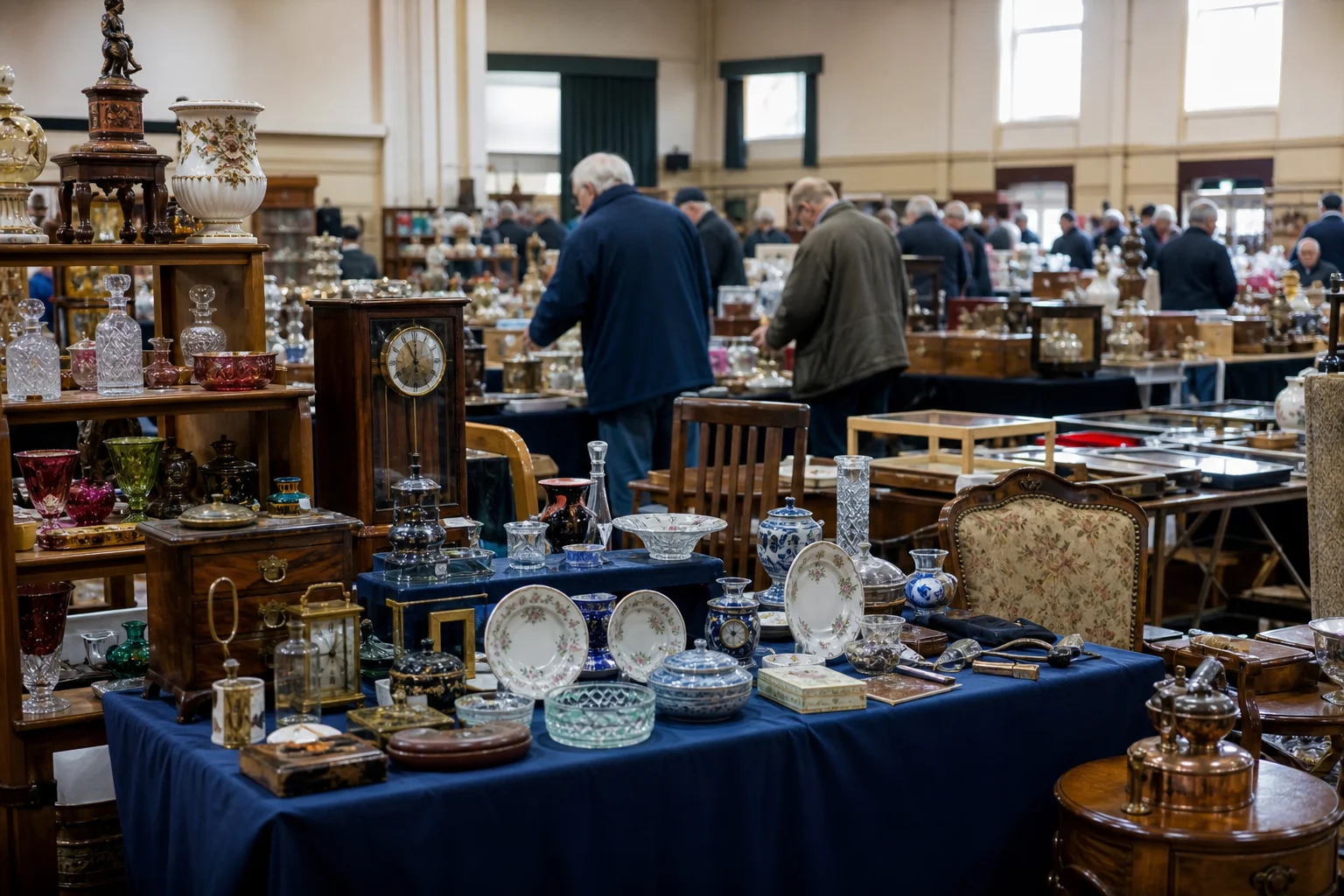 shoppers browsing antique and vintage market stalls at Bingley Hall Antiques and Collectors Fair in United Kingdom