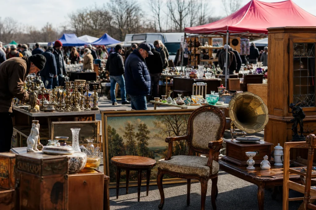 shoppers browsing antique and vintage market stalls at Bleší Trhy Prahableší Trhy Praha in Czech Republic