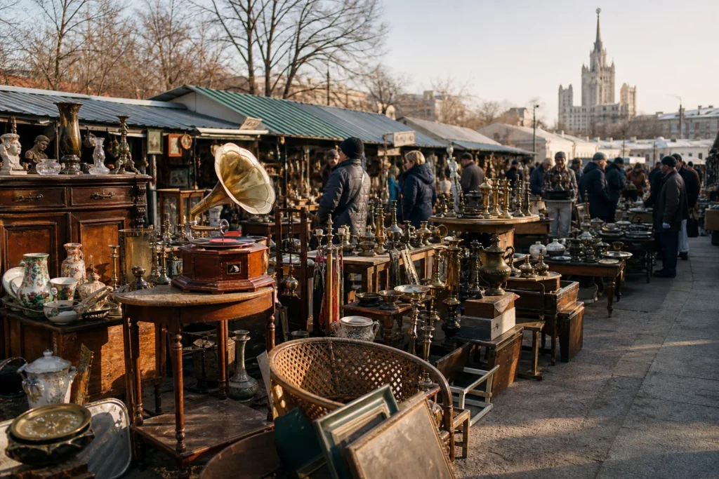 shoppers browsing antique and vintage market stalls at Bloshiny Rynok in Moscow, Russia