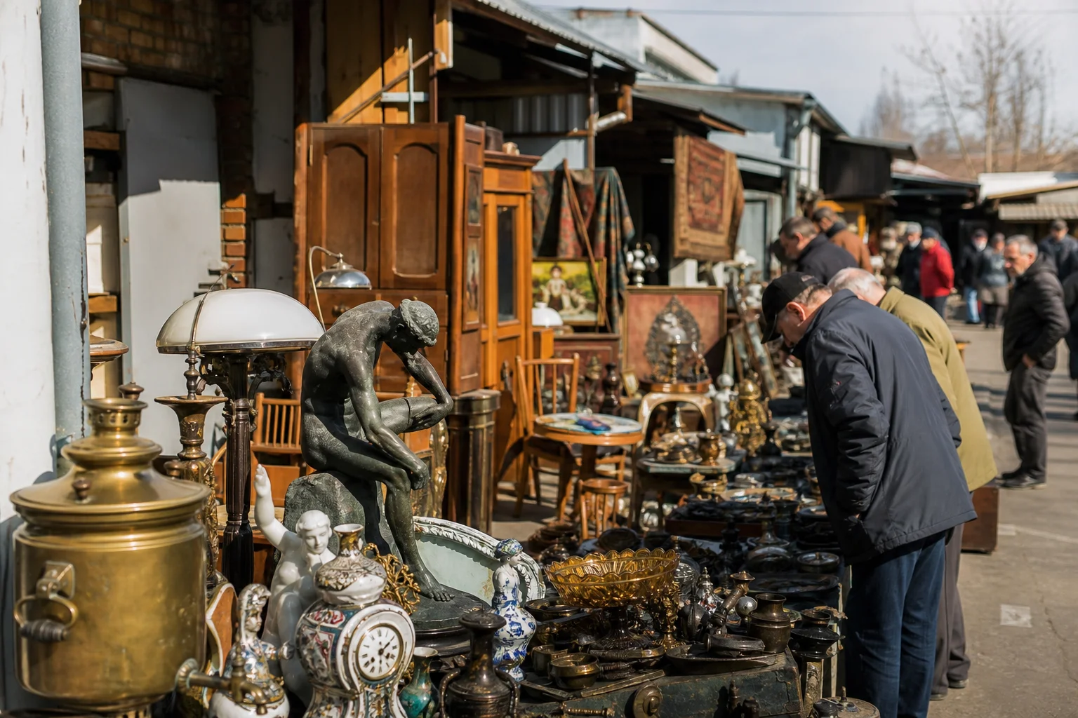 shoppers browsing antique and vintage market stalls at Bloshiny Rynok in Moscow, Russia