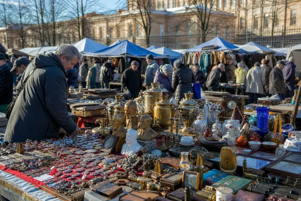 shoppers browsing antique and vintage market stalls at Bloshinyy Rynok Na Udel’noy in Russia