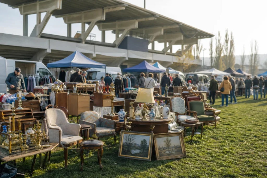 shoppers browsing antique and vintage market stalls at Blsak na interi – Inter Stadium flea market in Slovakia