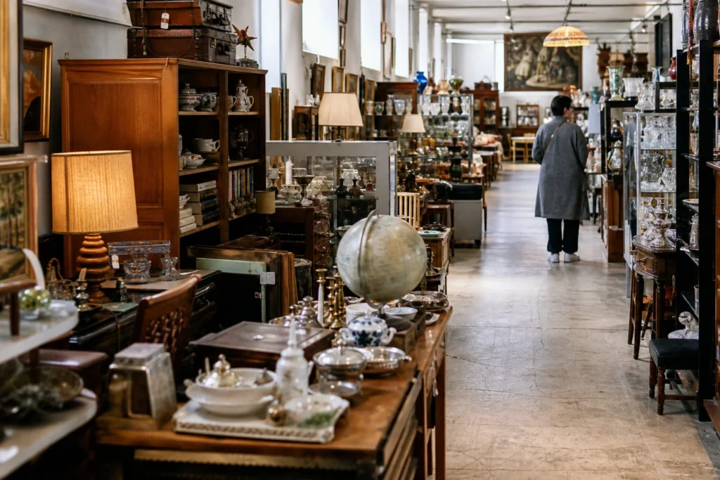shoppers browsing antique and vintage market stalls at Blue Jar Antique Mall in Alberta, Canada