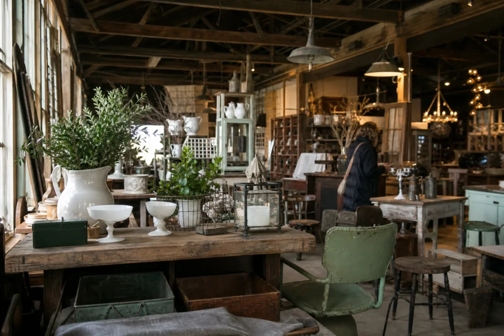 shoppers browsing antique and vintage market stalls at Blue Moon Vintage Market in Michigan