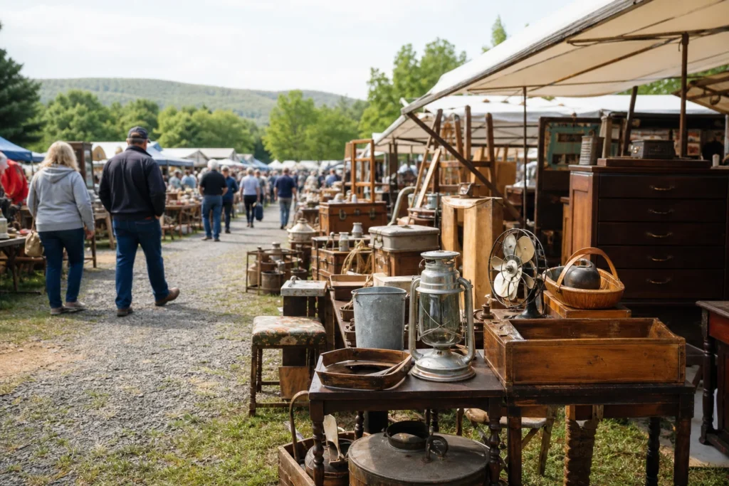 shoppers browsing antique and vintage market stalls at Blue Ridge Flea Market in Pennsylvania