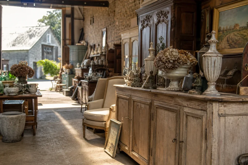 shoppers browsing antique and vintage market stalls at Bocante de Cardroc in France