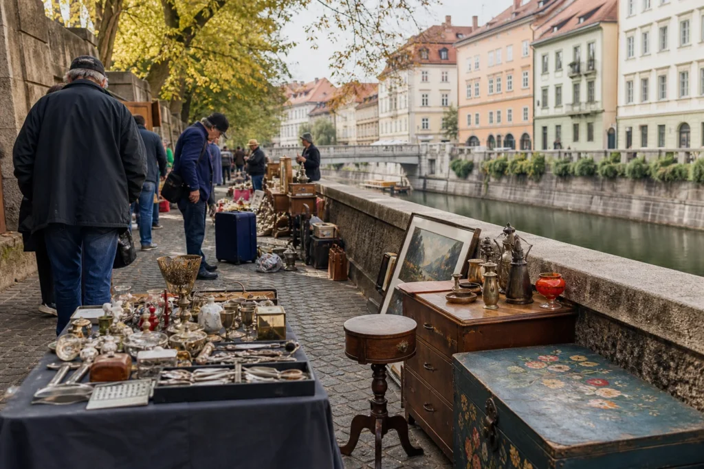 shoppers browsing antique and vintage market stalls at Bolšji Sejem – Breg Embankment Antique Market in Slovenia