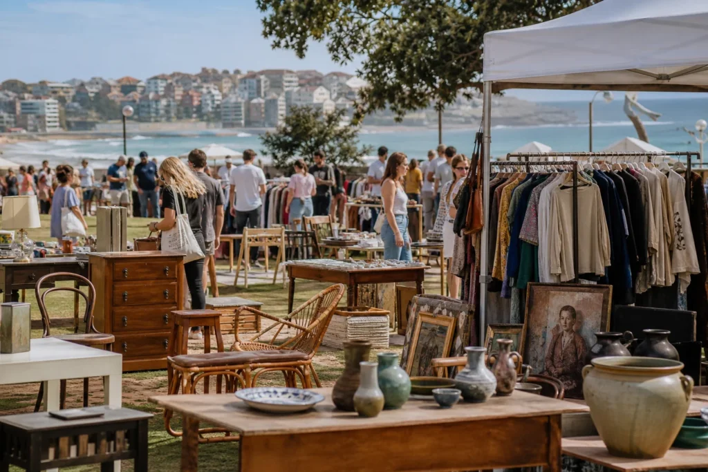 shoppers browsing antique and vintage market stalls at Bondi Market in New South Wales, Sydney