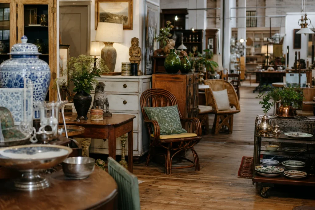 shoppers browsing antique and vintage market stalls at Bonds Lifestyle in United Kingdom