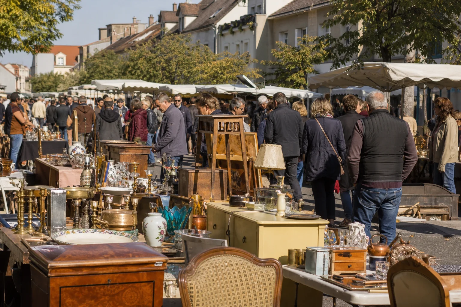 shoppers browsing antique and vintage market stalls at Braderie de Houilles in France