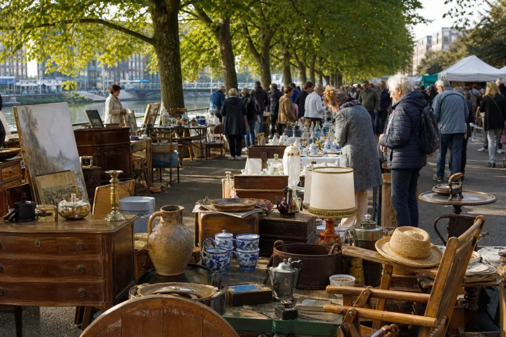 shoppers browsing antique and vintage market stalls at Braderie du Canal Saint-Martin in Rennes in France