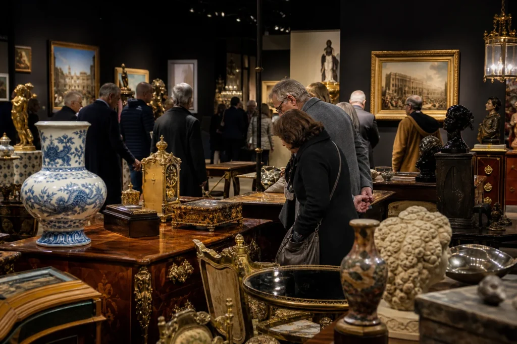 shoppers browsing antique and vintage market stalls at BRAFA Art Fair in Belgium