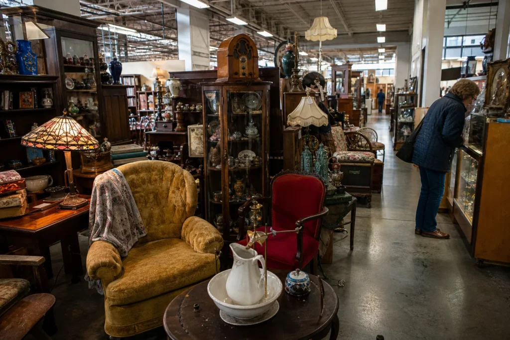 shoppers browsing antique and vintage market stalls at Brass Armadillo Antique Mall Omaha in Nebraska