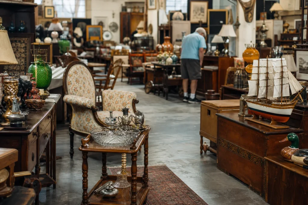 shoppers browsing antique and vintage market stalls at Brass Armadillo Antique Mall Phoenix in Arizona