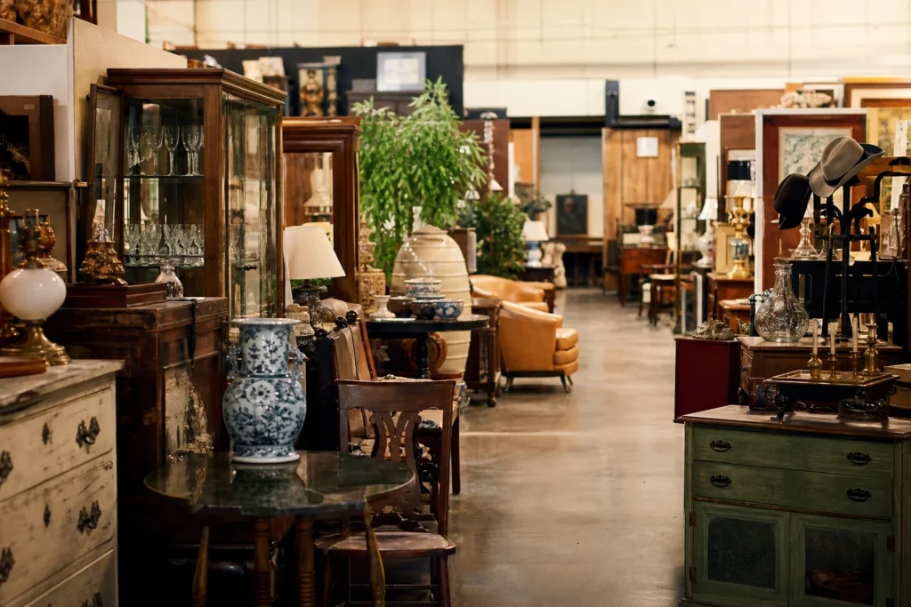 shoppers browsing antique and vintage market stalls at Brass Armadillo Antique Mall Phoenix West in Arizona