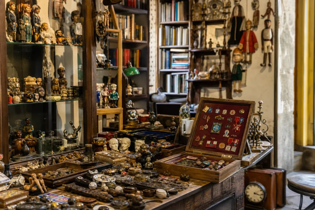 shoppers browsing antique and vintage market stalls at Bric à Brac Antiques in Czech Republic