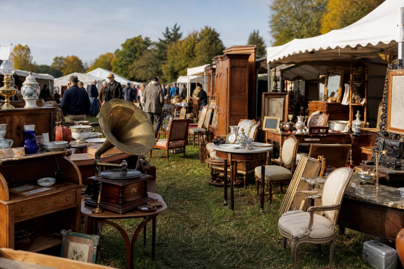 shoppers browsing antique and vintage market stalls at Bric-à-Brac de Marsac in France