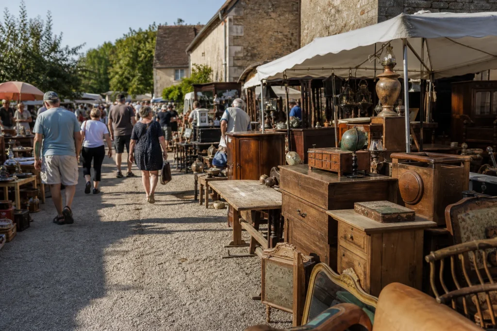 shoppers browsing antique and vintage market stalls at Bricabrac de Mézilles in France