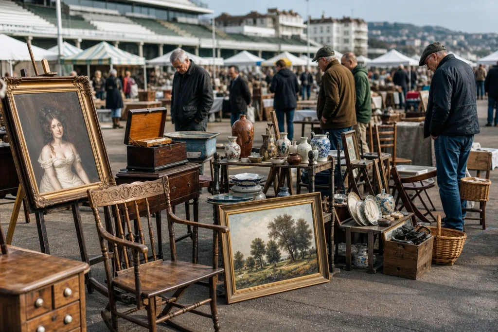 shoppers browsing antique and vintage market stalls at Brighton Racecourse Fair in United Kingdom