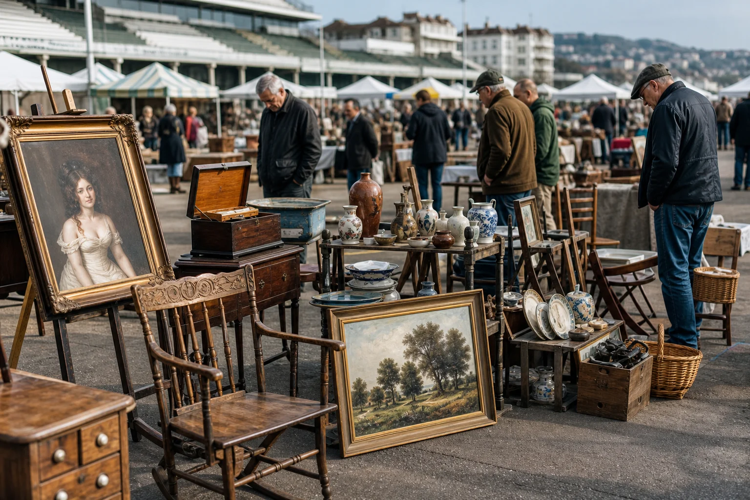 shoppers browsing antique and vintage market stalls at Brighton Racecourse Fair in United Kingdom