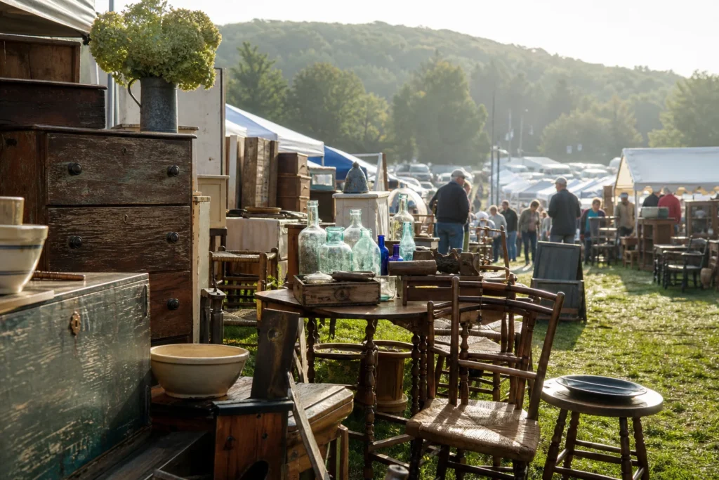 shoppers browsing antique and vintage market stalls at Brimfield Antique Show in Massachusetts