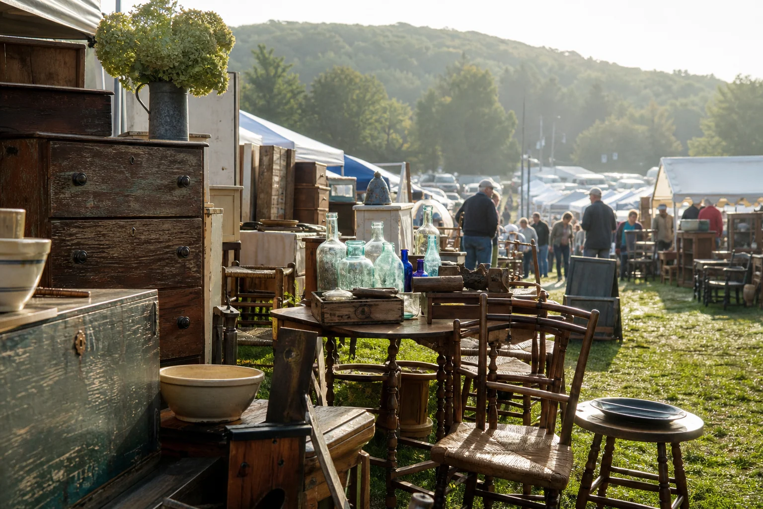 shoppers browsing antique and vintage market stalls at Brimfield Antique Show in Massachusetts