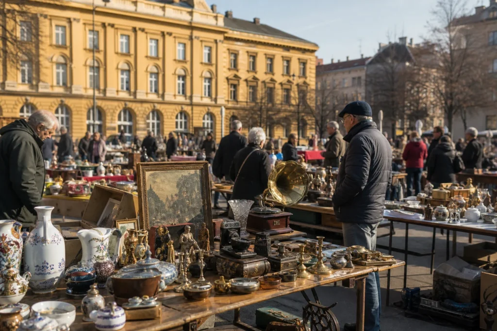 shoppers browsing antique and vintage market stalls at Britanski trg Flea Market in Croatia