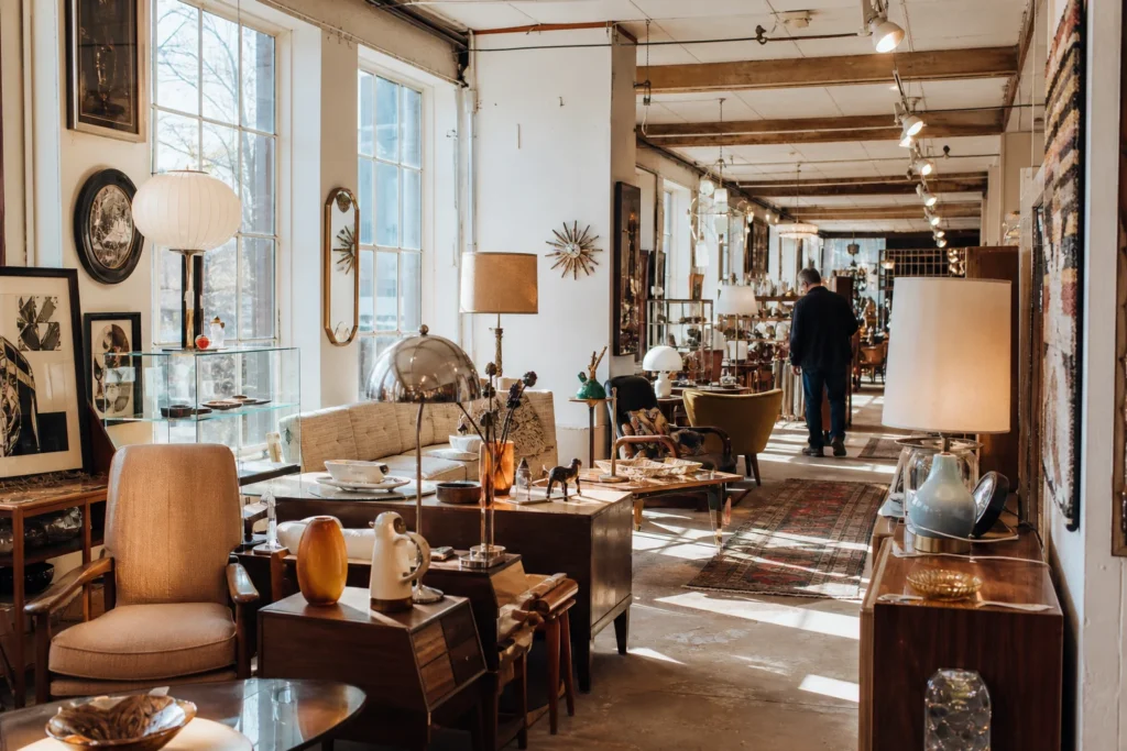 shoppers browsing antique and vintage market stalls at Broadway Antique Market Chicago (BAM) in Chicago, Illinois