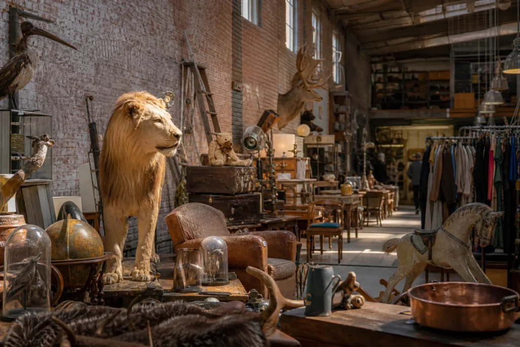 shoppers browsing antique and vintage market stalls at Brocante 19 in France