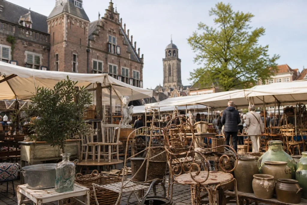 shoppers browsing antique and vintage market stalls at Brocante aan de IJssel in Netherlands