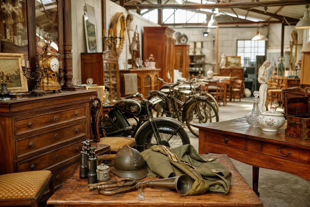 shoppers browsing antique and vintage market stalls at Brocante Antiquités Roques in France