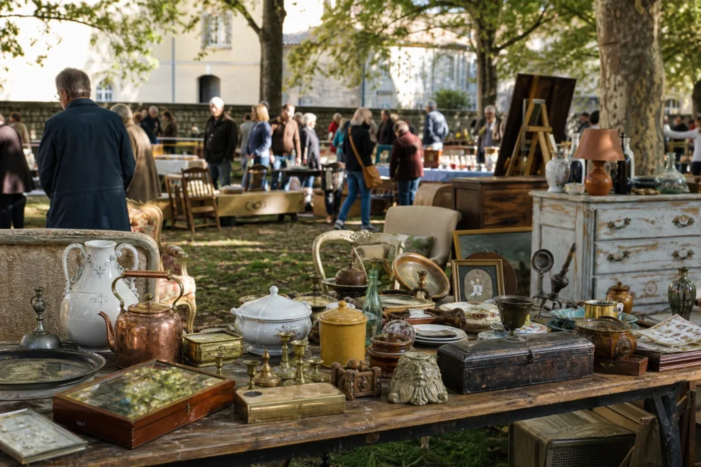 shoppers browsing antique and vintage market stalls at Brocante de Beaucaire in France, Provence