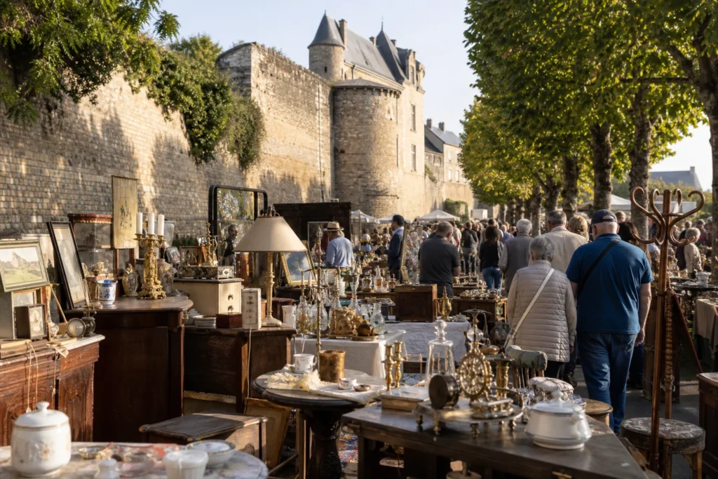 shoppers browsing antique and vintage market stalls at Brocante de Durtal in France