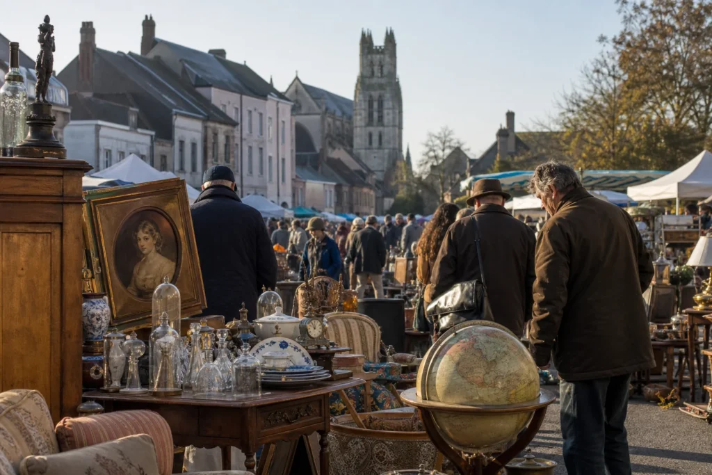 shoppers browsing antique and vintage market stalls at Brocante de Grandvilliers in France
