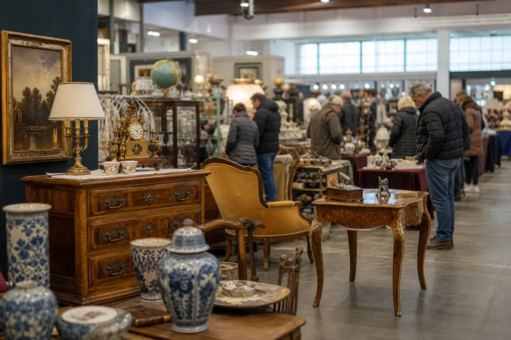 shoppers browsing antique and vintage market stalls at Brocante de la Gruyère in Switzerland