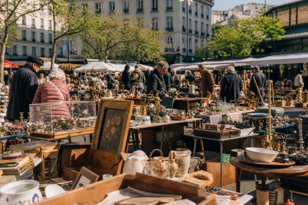shoppers browsing antique and vintage market stalls at Brocante de la place d’Aligre in Paris