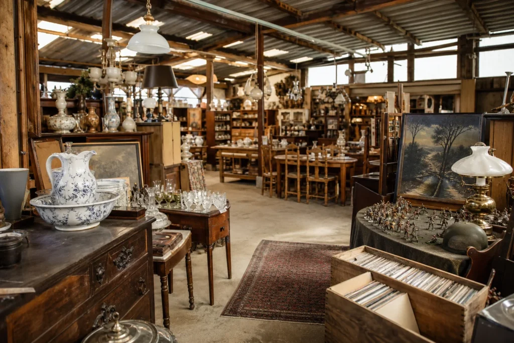 shoppers browsing antique and vintage market stalls at Brocante de la Roche in France
