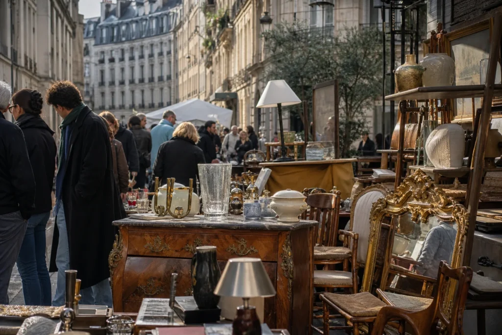 shoppers browsing antique and vintage market stalls at Brocante de la Rue de Bretagne in France, Paris