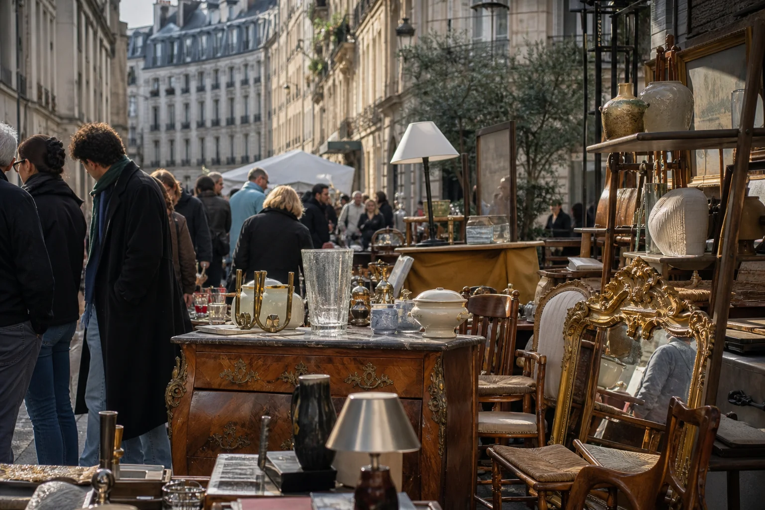 shoppers browsing antique and vintage market stalls at Brocante de la Rue de Bretagne in France, Paris
