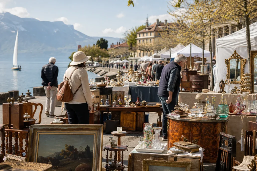 shoppers browsing antique and vintage market stalls at Brocante de Lutry in Switzerland