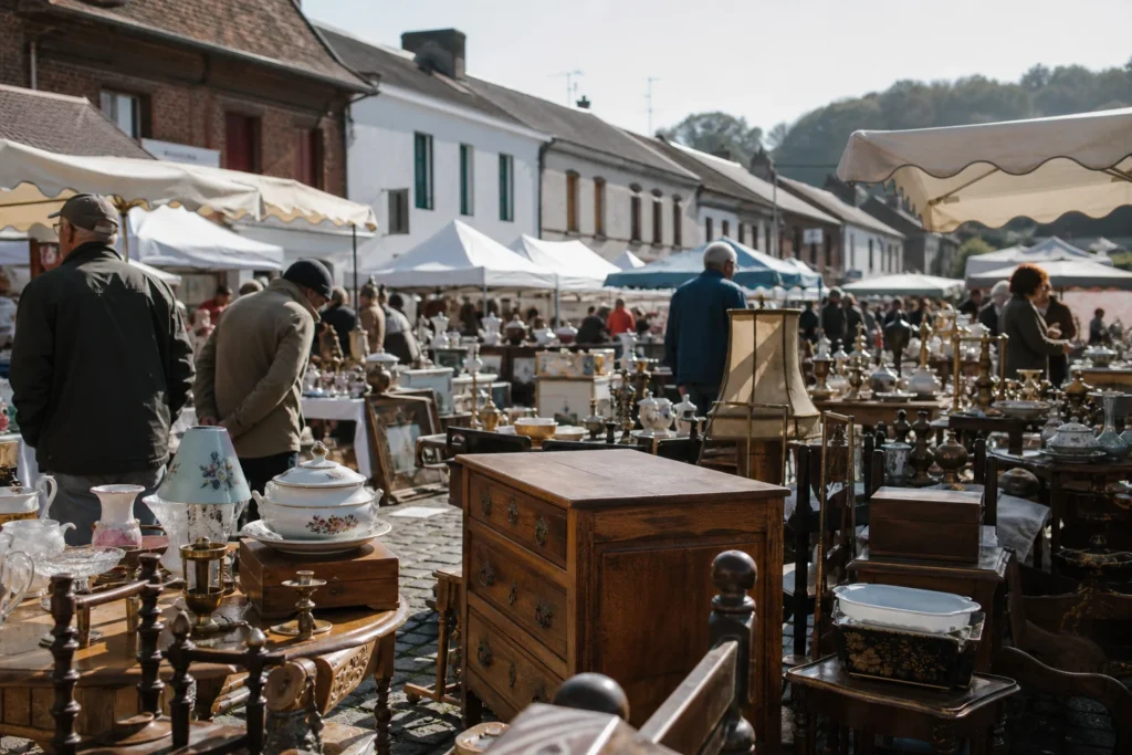 shoppers browsing antique and vintage market stalls at Brocante de Maroilles in France